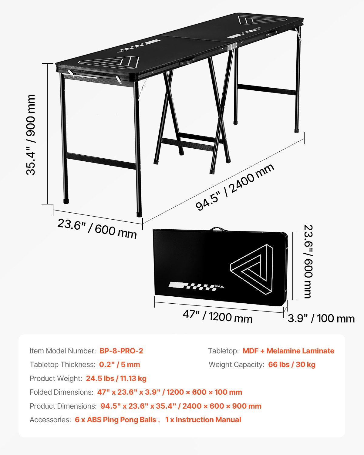 2.4m Portable Folding Beer Pong Table with Carrying Handle for Parties