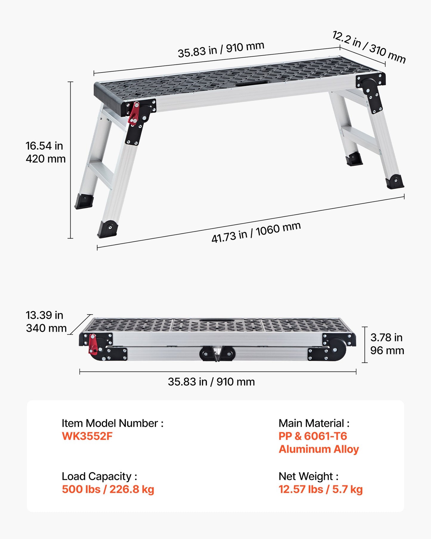 Folding Work Platform, 910 x 310 mm Aluminum Step Stool, 420 mm Height, 226.8 kg Load Capacity, Heavy Duty Platform Ladder with Locks, Portable Work Bench for Painting & Maintenance & Home