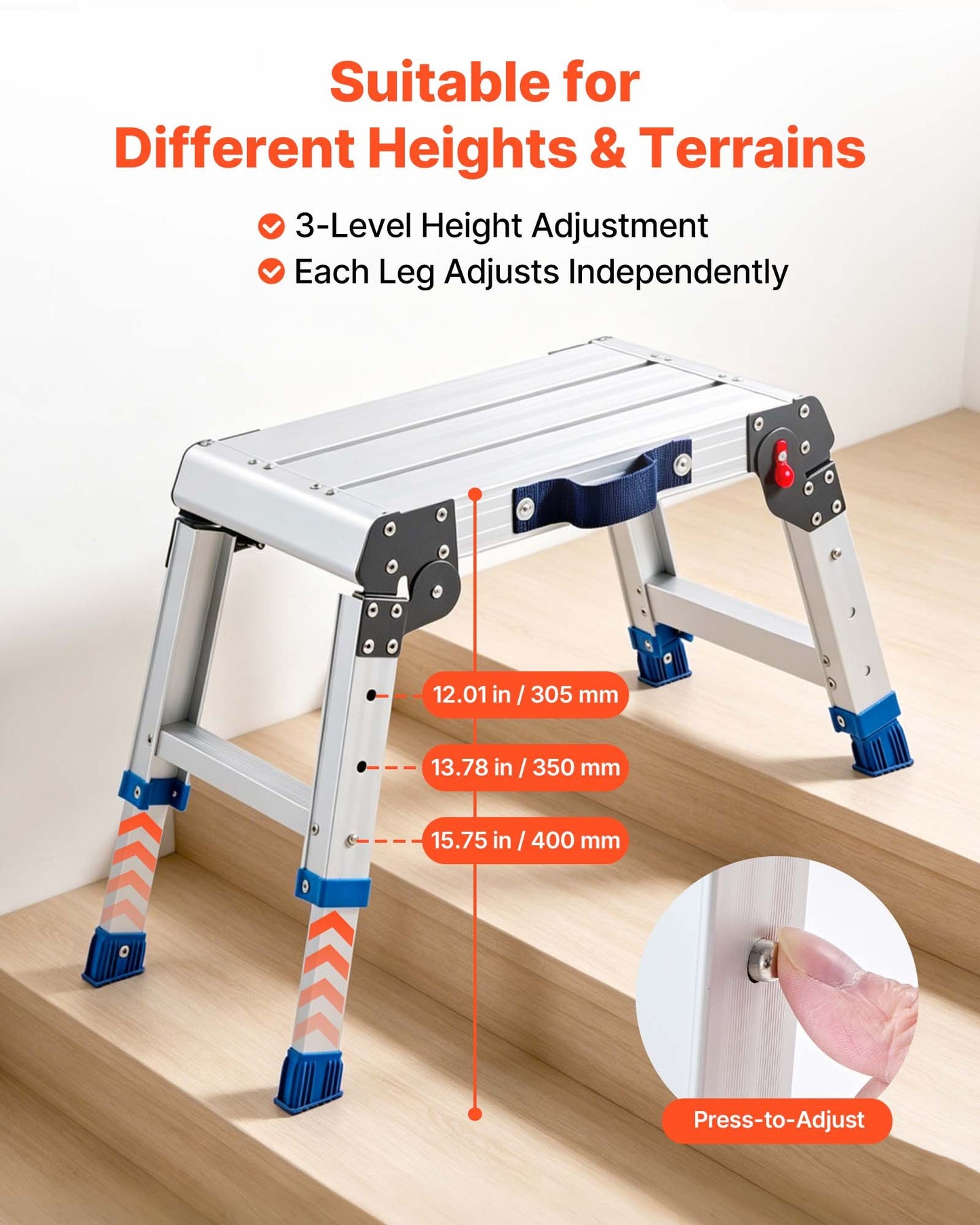 Folding Work Platform, Adjustable Height 305-406 mm, 226.8 kg Capacity Aluminum Step Stool, Heavy Duty Non-Slip Platform Ladder, Portable Work Bench for Painting, Cleaning, Home & Professional
