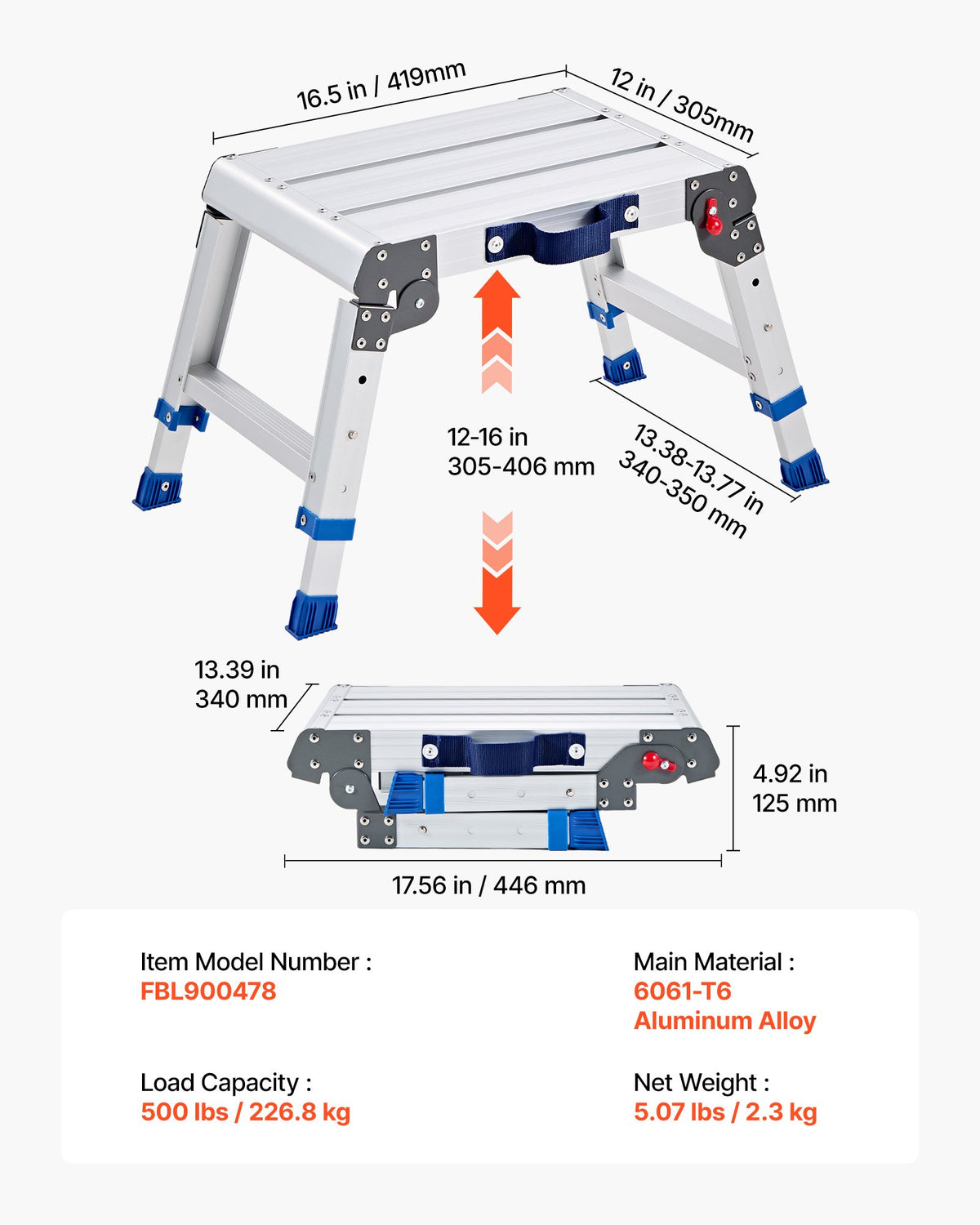 Folding Work Platform, Adjustable Height 305-406 mm, 226.8 kg Capacity Aluminum Step Stool, Heavy Duty Non-Slip Platform Ladder, Portable Work Bench for Painting, Cleaning, Home & Professional