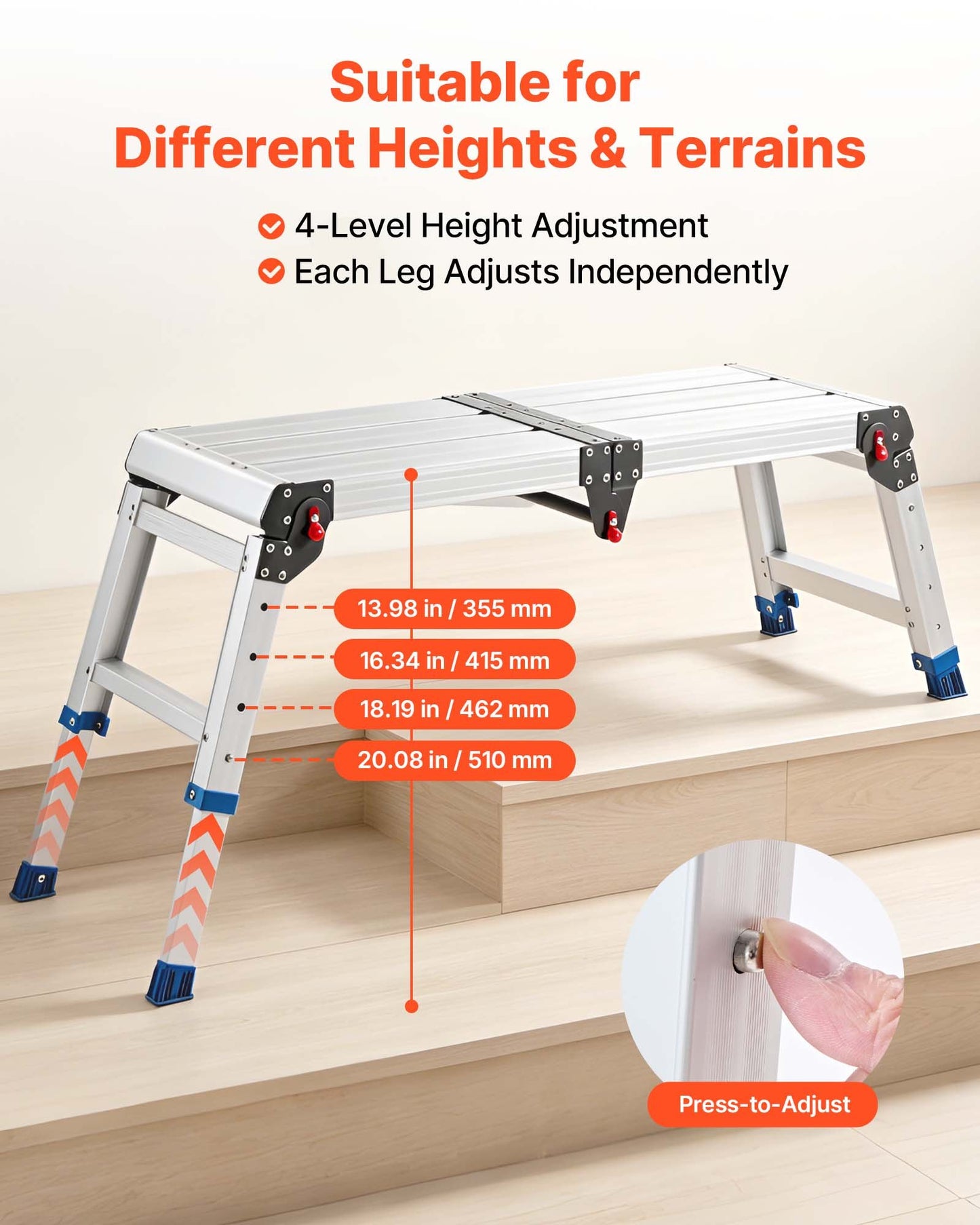 Folding Work Platform, Adjustable Height 360-508 mm, 226.8 kg Capacity Aluminum Step Stool, Heavy Duty Non-Slip Platform Ladder, Portable Work Bench for Painting, Cleaning, Home & Professional