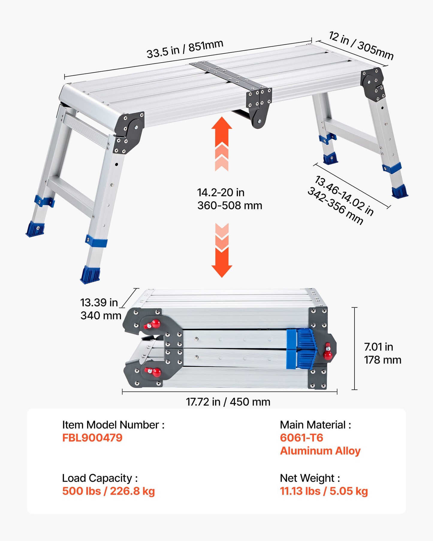 Folding Work Platform, Adjustable Height 360-508 mm, 226.8 kg Capacity Aluminum Step Stool, Heavy Duty Non-Slip Platform Ladder, Portable Work Bench for Painting, Cleaning, Home & Professional