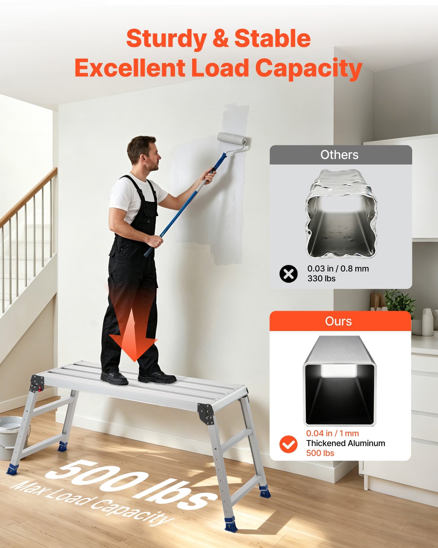 Folding Work Platform, Adjustable Height 584-876 mm, 1016 x 457 mm Aluminum Step Stool, 226.8 kg Load Capacity, Heavy Duty Non-Slip Platform Ladder, Portable Work Bench for Painting, Maintenance