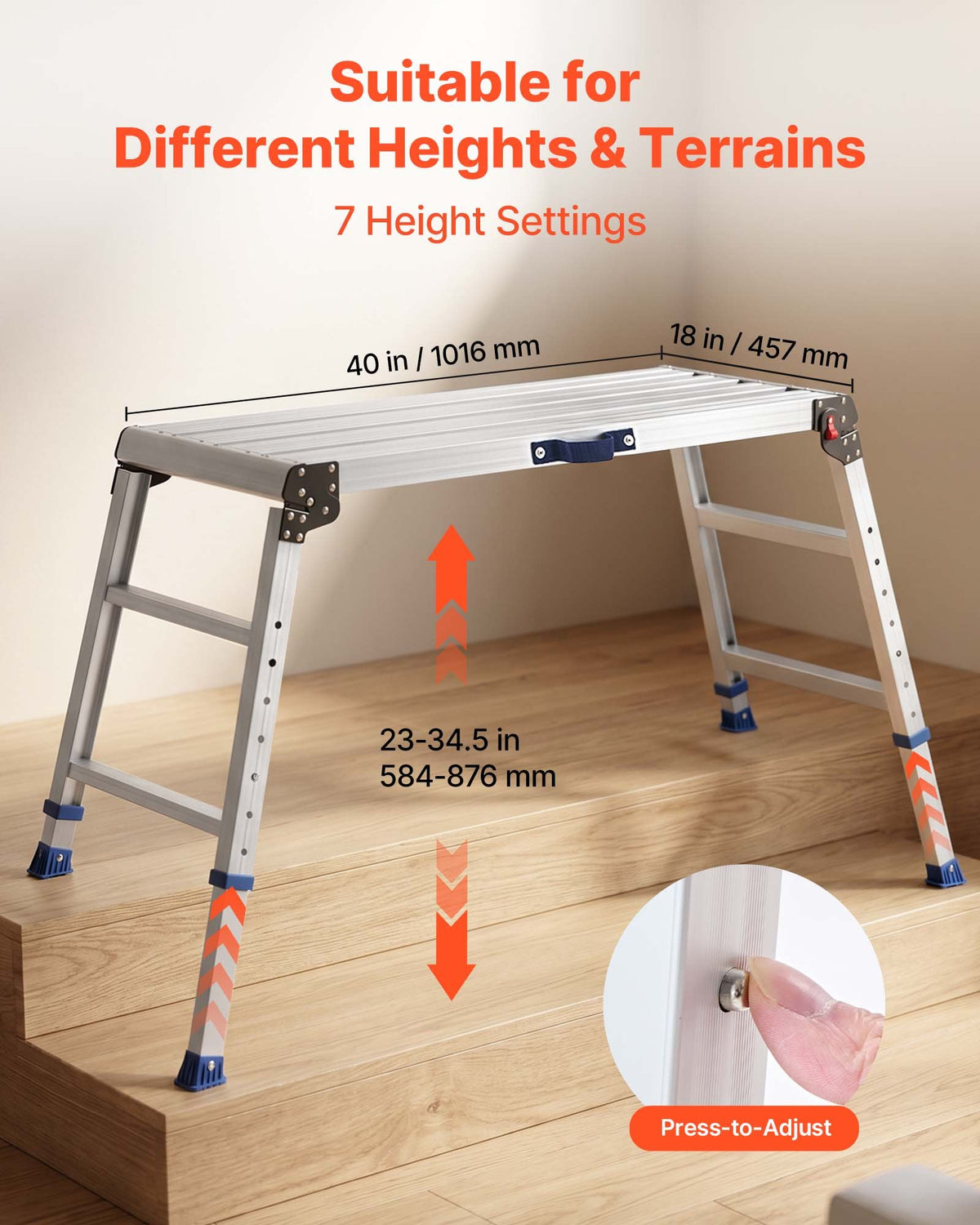 Folding Work Platform, Adjustable Height 584-876 mm, 1016 x 457 mm Aluminum Step Stool, 226.8 kg Load Capacity, Heavy Duty Non-Slip Platform Ladder, Portable Work Bench for Painting, Maintenance