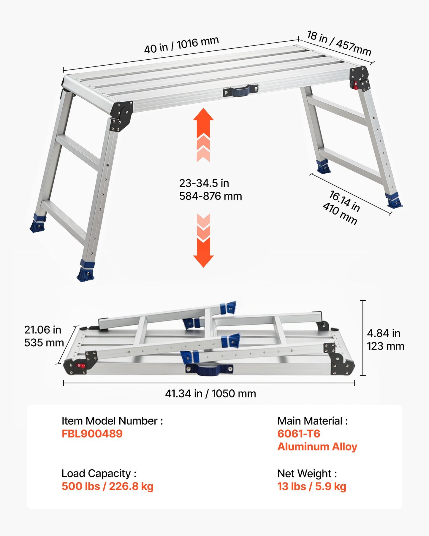Folding Work Platform, Adjustable Height 584-876 mm, 1016 x 457 mm Aluminum Step Stool, 226.8 kg Load Capacity, Heavy Duty Non-Slip Platform Ladder, Portable Work Bench for Painting, Maintenance