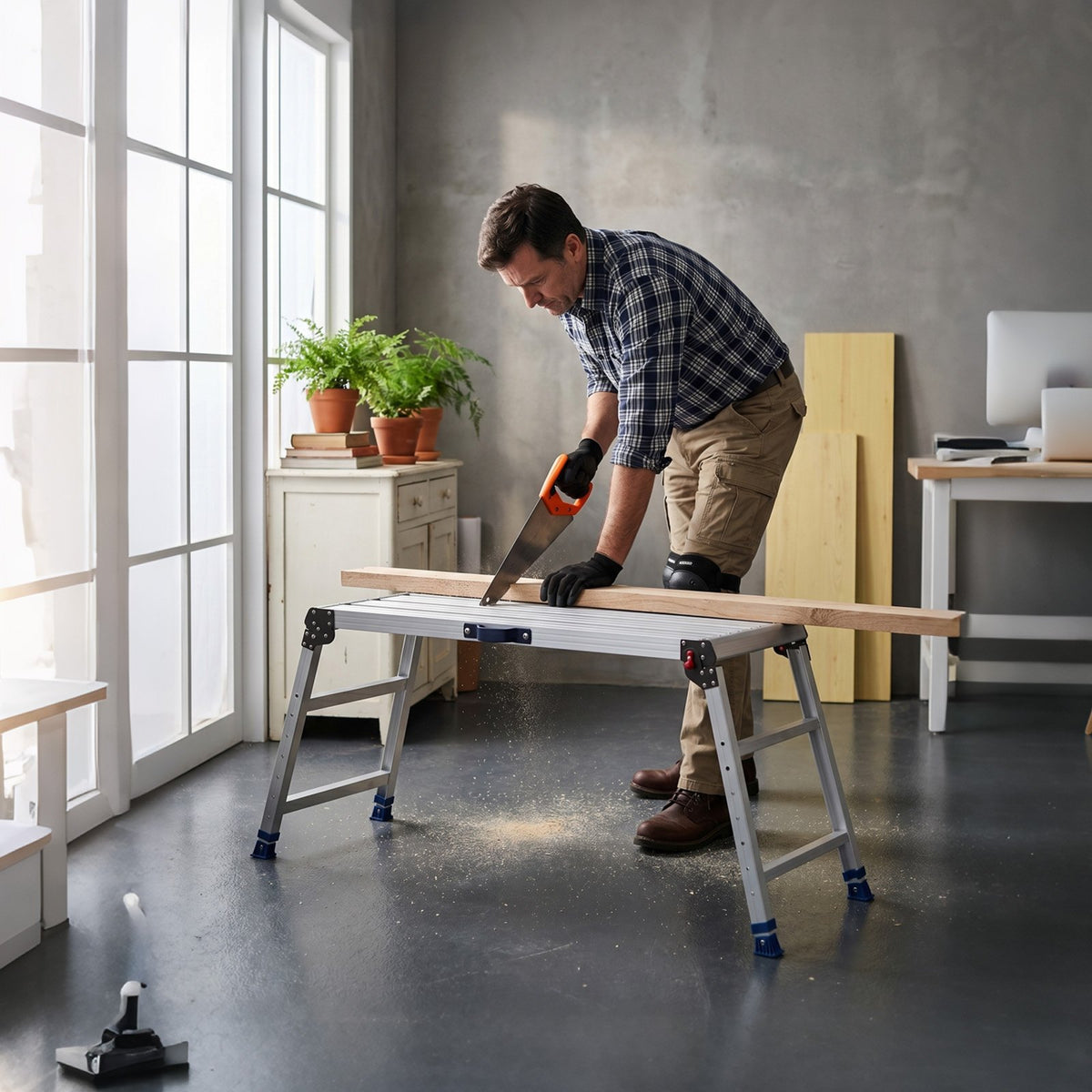 Folding Work Platform, Adjustable Height 584-876 mm, 1016 x 457 mm Aluminum Step Stool, 226.8 kg Load Capacity, Heavy Duty Non-Slip Platform Ladder, Portable Work Bench for Painting, Maintenance