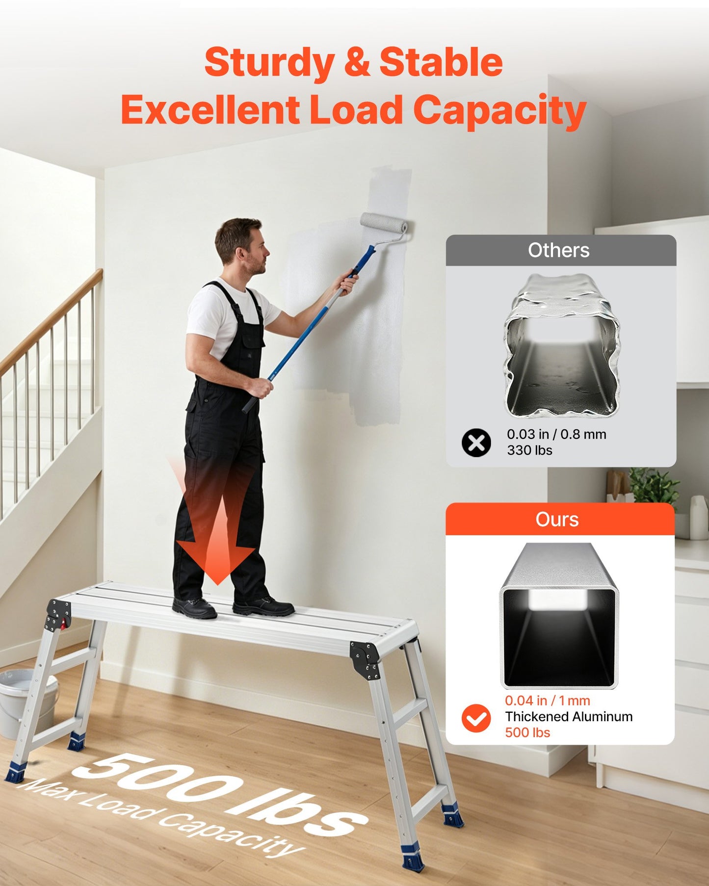 Folding Work Platform, Adjustable Height 584-876 mm, 1016 x 305 mm Aluminum Step Stool, 226.8 kg Load Capacity, Heavy Duty Non-Slip Platform Ladder, Portable Work Bench for Painting, Maintenance