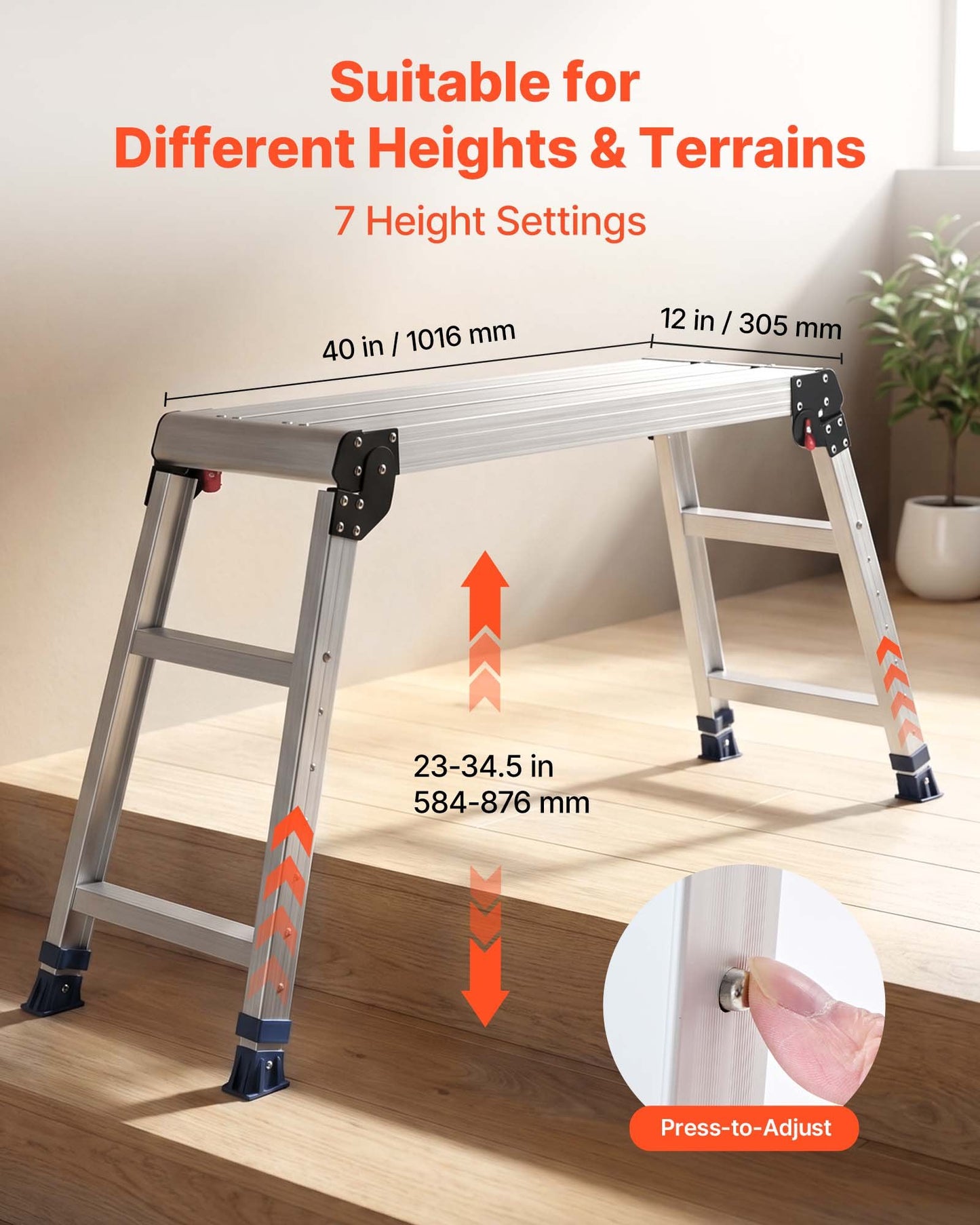 Folding Work Platform, Adjustable Height 584-876 mm, 1016 x 305 mm Aluminum Step Stool, 226.8 kg Load Capacity, Heavy Duty Non-Slip Platform Ladder, Portable Work Bench for Painting, Maintenance