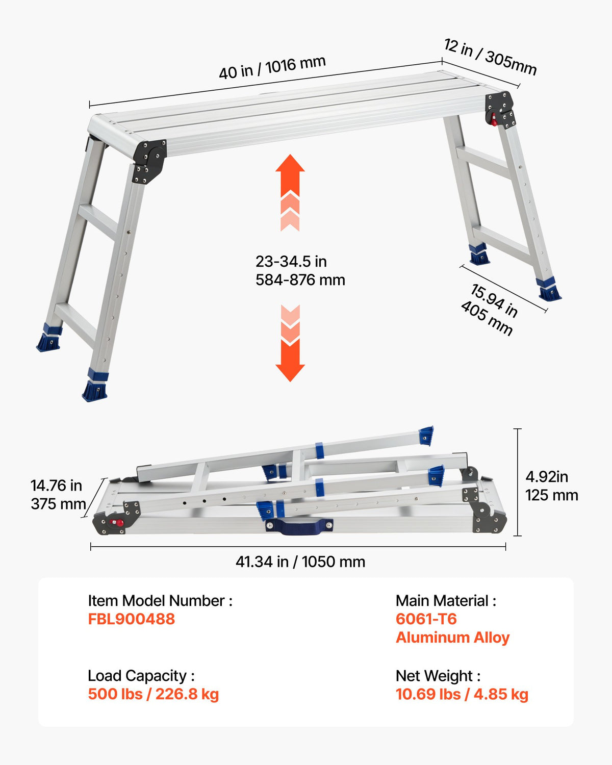 Folding Work Platform, Adjustable Height 584-876 mm, 1016 x 305 mm Aluminum Step Stool, 226.8 kg Load Capacity, Heavy Duty Non-Slip Platform Ladder, Portable Work Bench for Painting, Maintenance