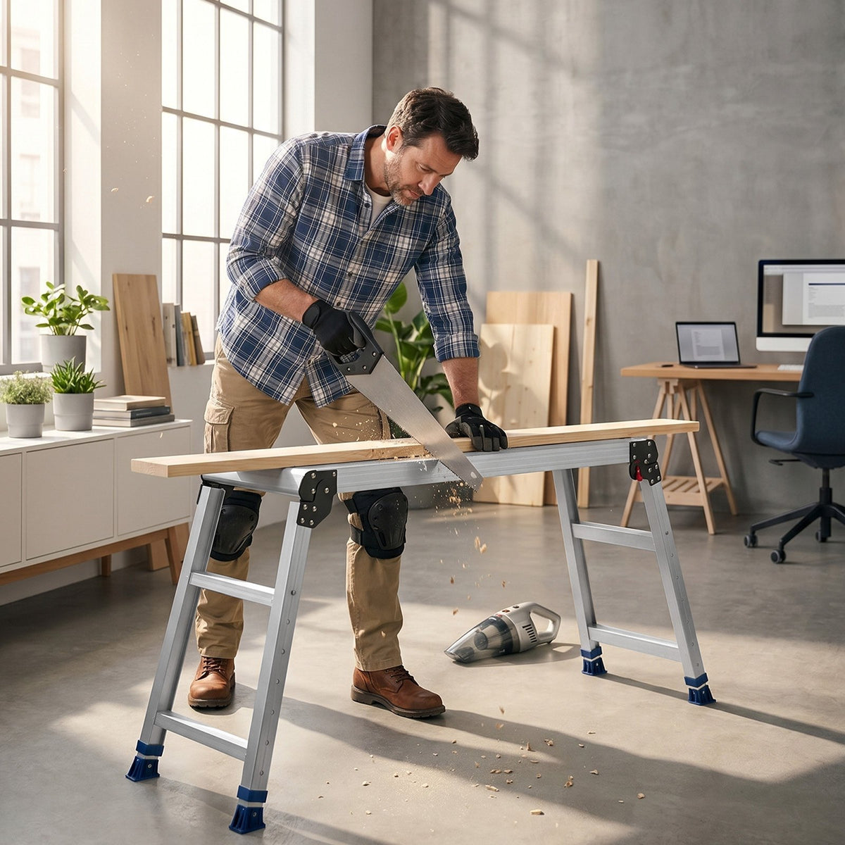 Folding Work Platform, Adjustable Height 584-876 mm, 1016 x 305 mm Aluminum Step Stool, 226.8 kg Load Capacity, Heavy Duty Non-Slip Platform Ladder, Portable Work Bench for Painting, Maintenance