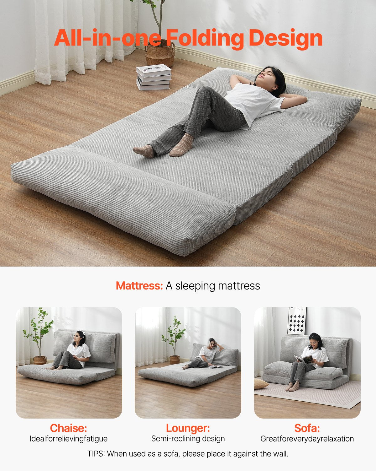 VEVOR Folding Sofa Bed Foldable Couch Bed with Washable Cover Dark Grey (Full)