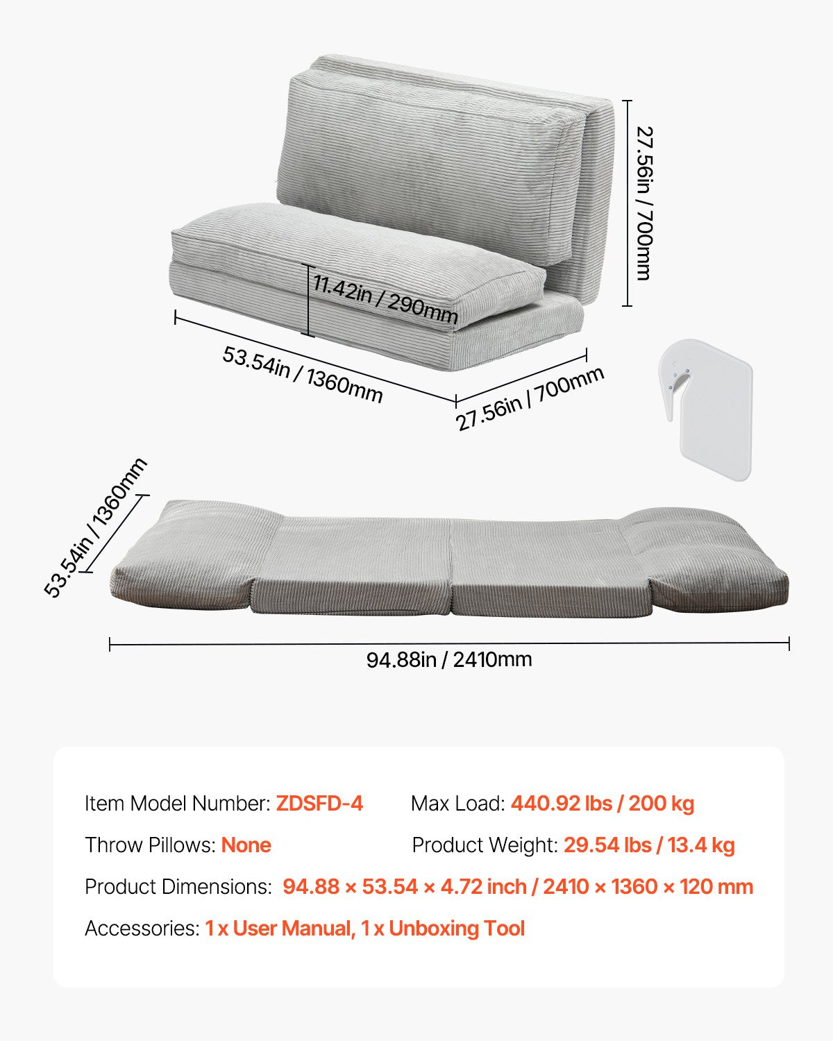 VEVOR Folding Sofa Bed Foldable Couch Bed with Washable Cover Dark Grey (Full)