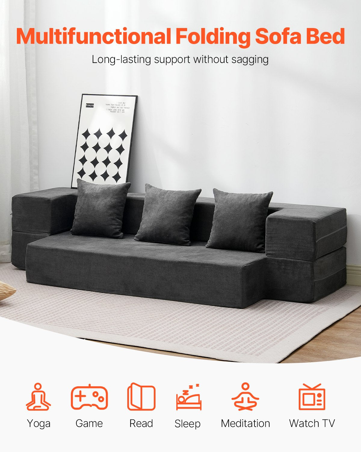 VEVOR Folding Sofa Bed 3-in-1 Foldable Couch Bed with 3 Pillows Dark Grey Twin