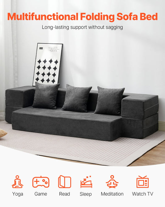 VEVOR Folding Sofa Bed 3-in-1 Foldable Couch Bed with 3 Pillows Dark Grey Twin