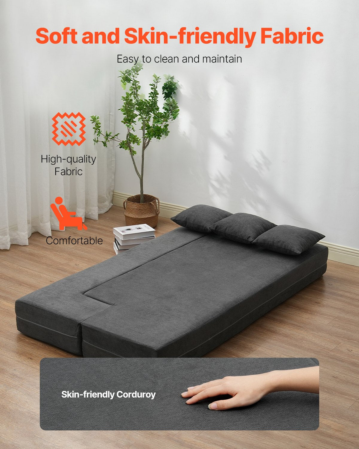 VEVOR Folding Sofa Bed 3-in-1 Foldable Couch Bed with 3 Pillows Dark Grey Twin