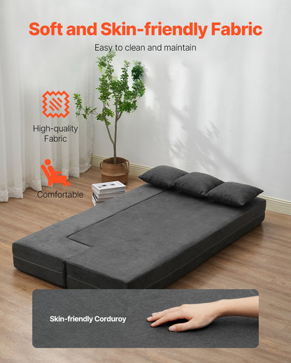 VEVOR Folding Sofa Bed 3-in-1 Foldable Couch Bed with 3 Pillows Dark Grey Twin