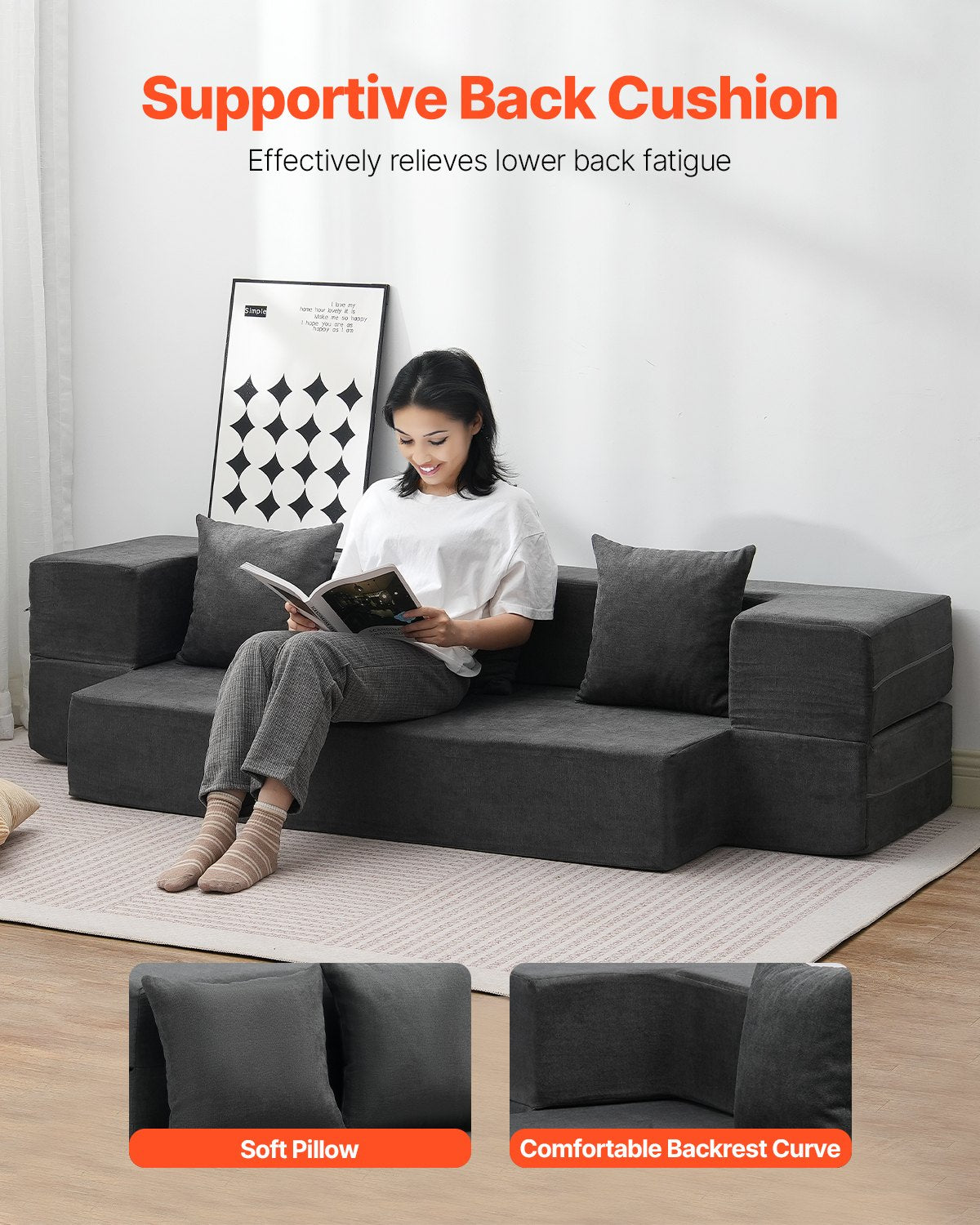 VEVOR Folding Sofa Bed 3-in-1 Foldable Couch Bed with 3 Pillows Dark Grey Twin
