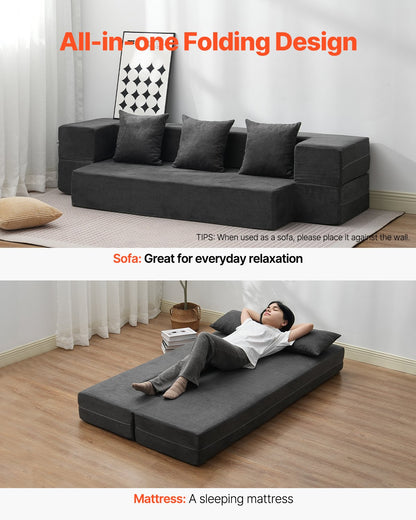 VEVOR Folding Sofa Bed 3-in-1 Foldable Couch Bed with 3 Pillows Dark Grey Twin