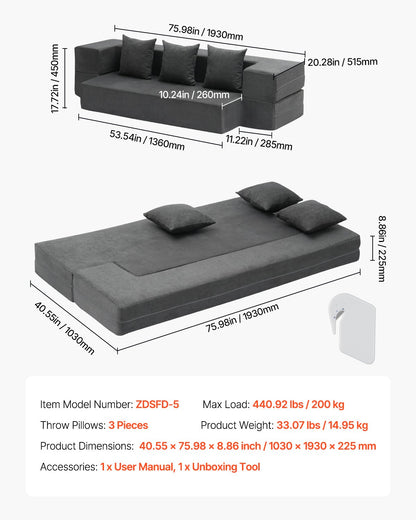 VEVOR Folding Sofa Bed 3-in-1 Foldable Couch Bed with 3 Pillows Dark Grey Twin