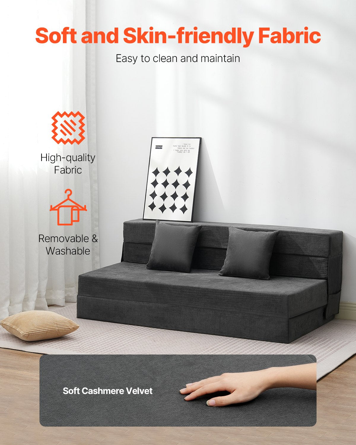 VEVOR Folding Sofa Bed 3-in-1 Foldable Couch Bed with 2 Pillows Dark Grey Queen