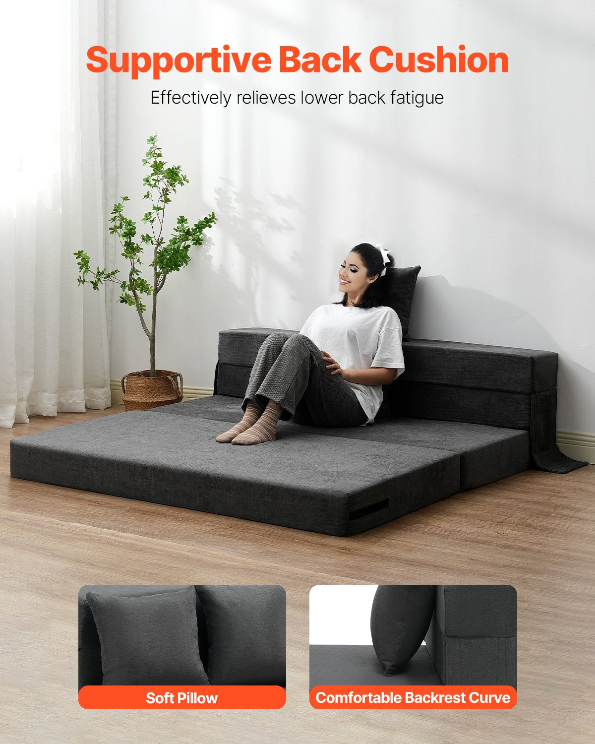 VEVOR Folding Sofa Bed 3-in-1 Foldable Couch Bed with 2 Pillows Dark Grey Queen