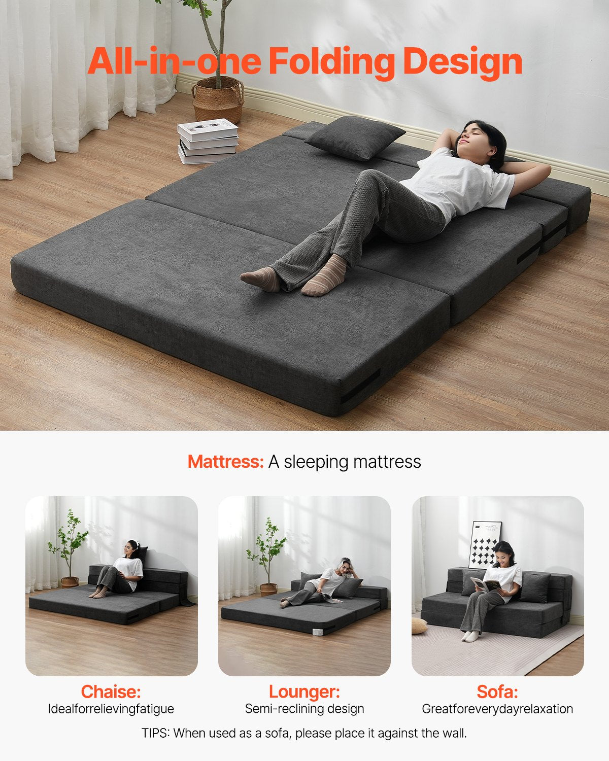 VEVOR Folding Sofa Bed 3-in-1 Foldable Couch Bed with 2 Pillows Dark Grey Queen