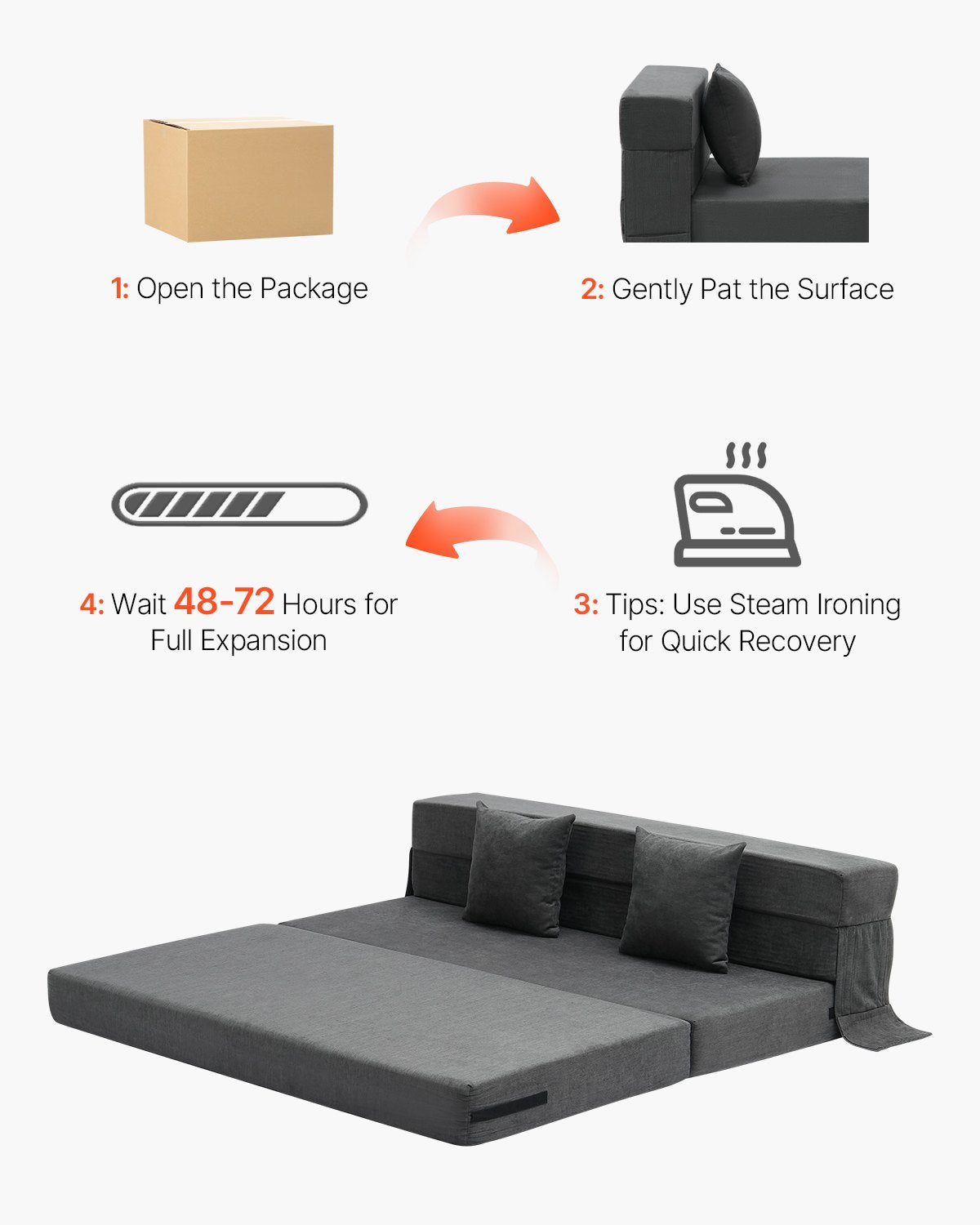 VEVOR Folding Sofa Bed 3-in-1 Foldable Couch Bed with 2 Pillows Dark Grey Queen