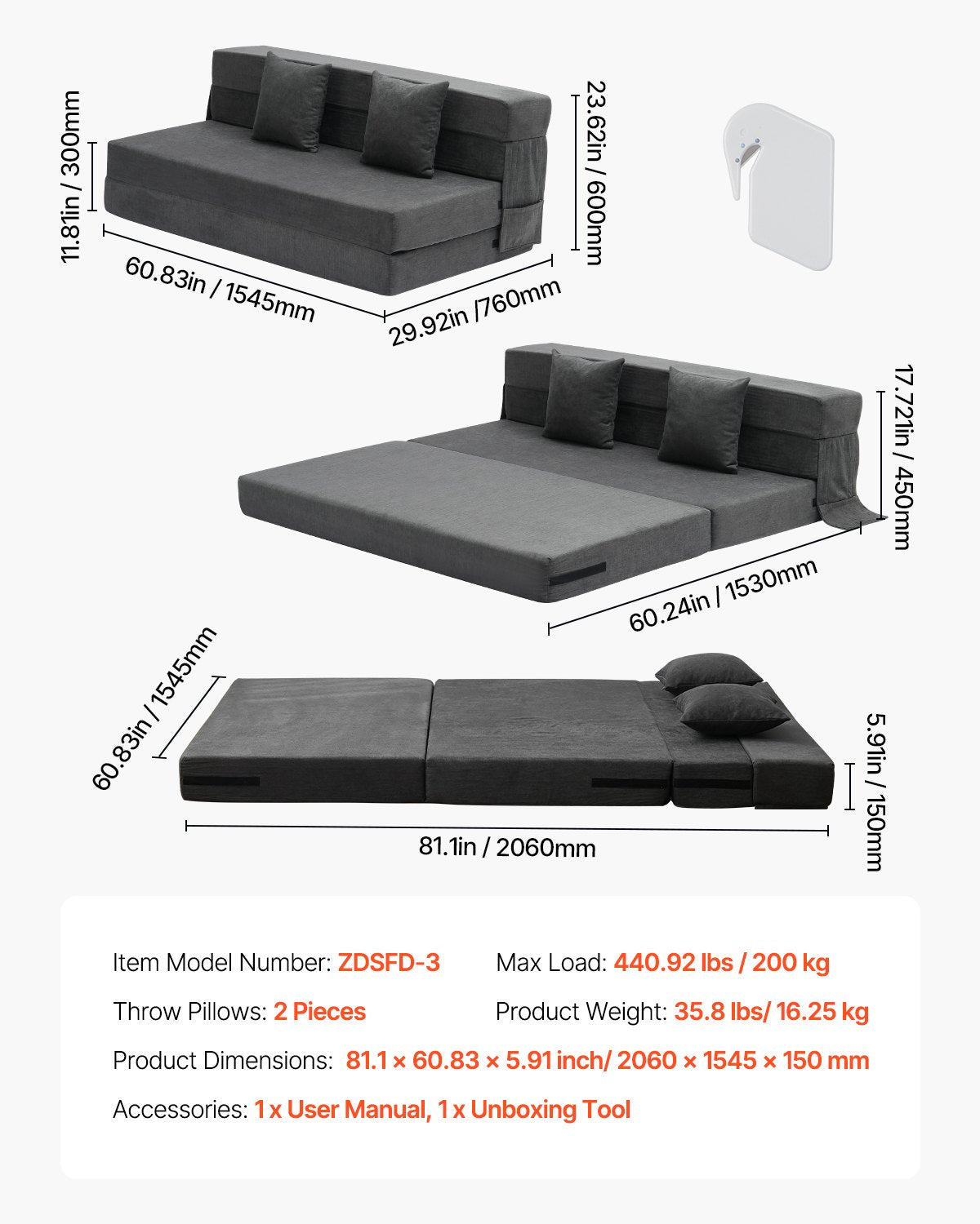 VEVOR Folding Sofa Bed 3-in-1 Foldable Couch Bed with 2 Pillows Dark Grey Queen