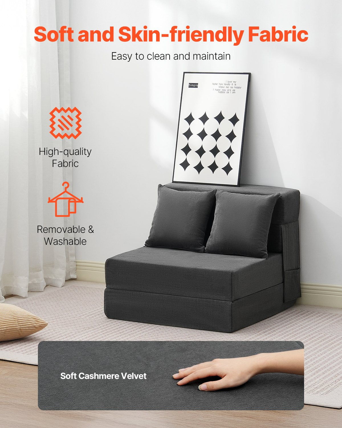 VEVOR Folding Sofa Bed 3-in-1 Foldable Couch Bed with 2 Pillows Dark Grey Single