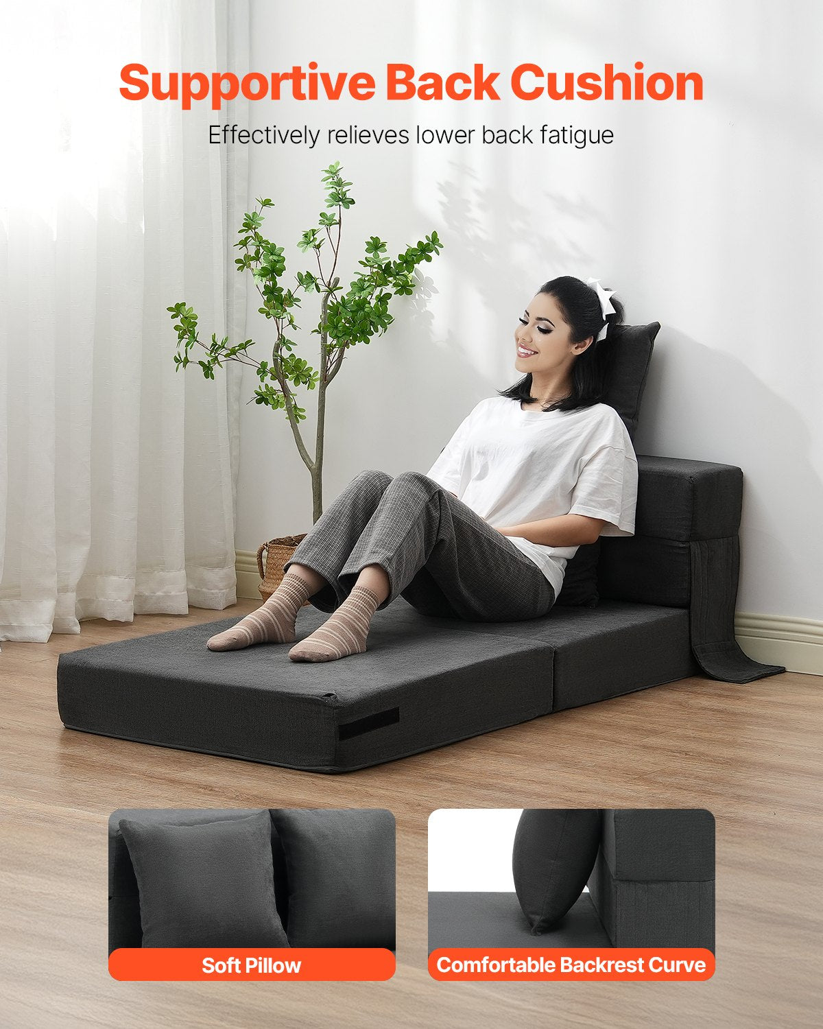 VEVOR Folding Sofa Bed 3-in-1 Foldable Couch Bed with 2 Pillows Dark Grey Single