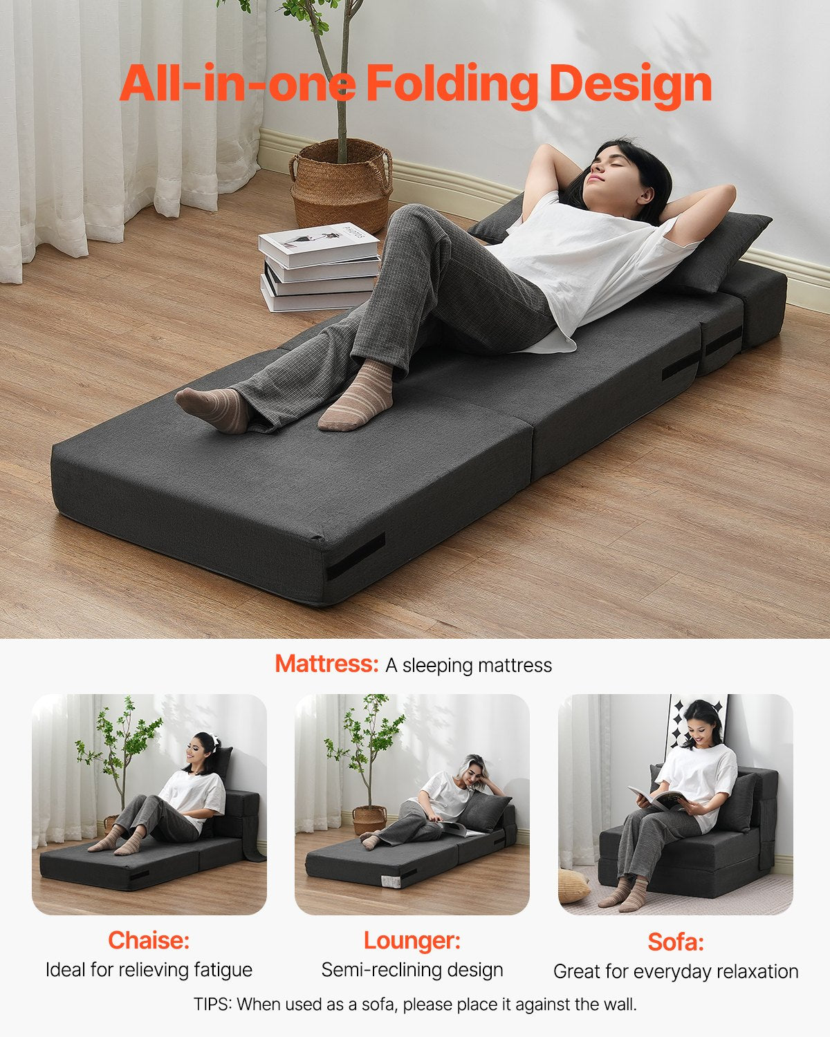 VEVOR Folding Sofa Bed 3-in-1 Foldable Couch Bed with 2 Pillows Dark Grey Single