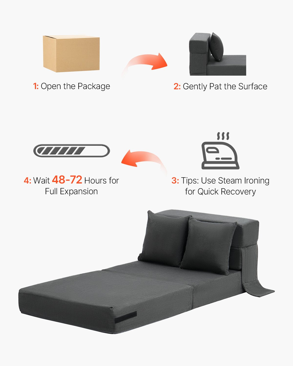 VEVOR Folding Sofa Bed 3-in-1 Foldable Couch Bed with 2 Pillows Dark Grey Single