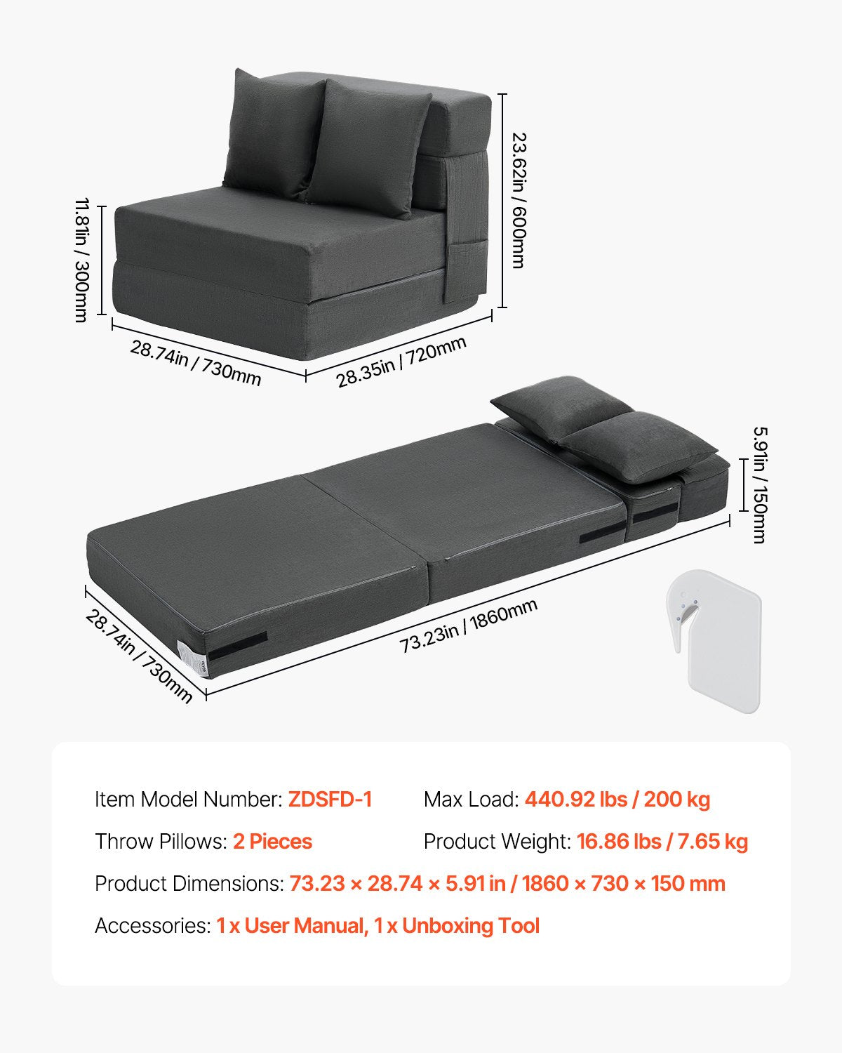VEVOR Folding Sofa Bed 3-in-1 Foldable Couch Bed with 2 Pillows Dark Grey Single