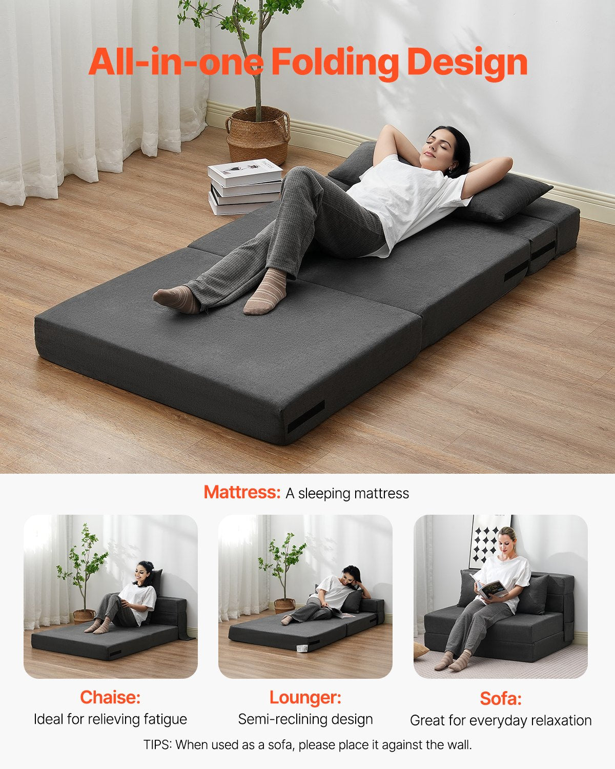VEVOR Folding Sofa Bed 3-in-1 Foldable Couch Bed with 2 Pillows Dark Grey Twin