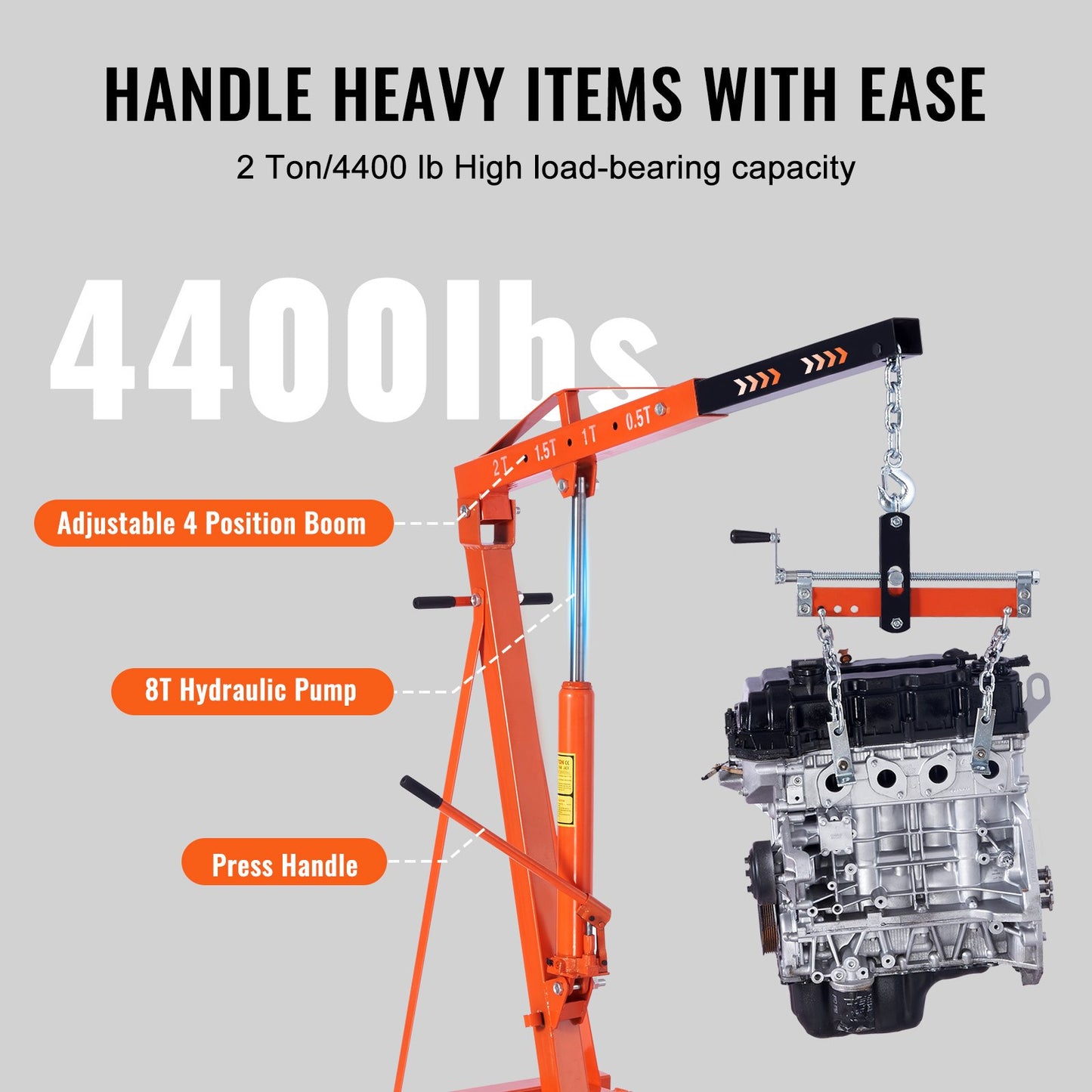 VEVOR Hydraulic Engine Hoist with Lever, 2000KG Heavy-duty Cherry Picker Shop Crane,