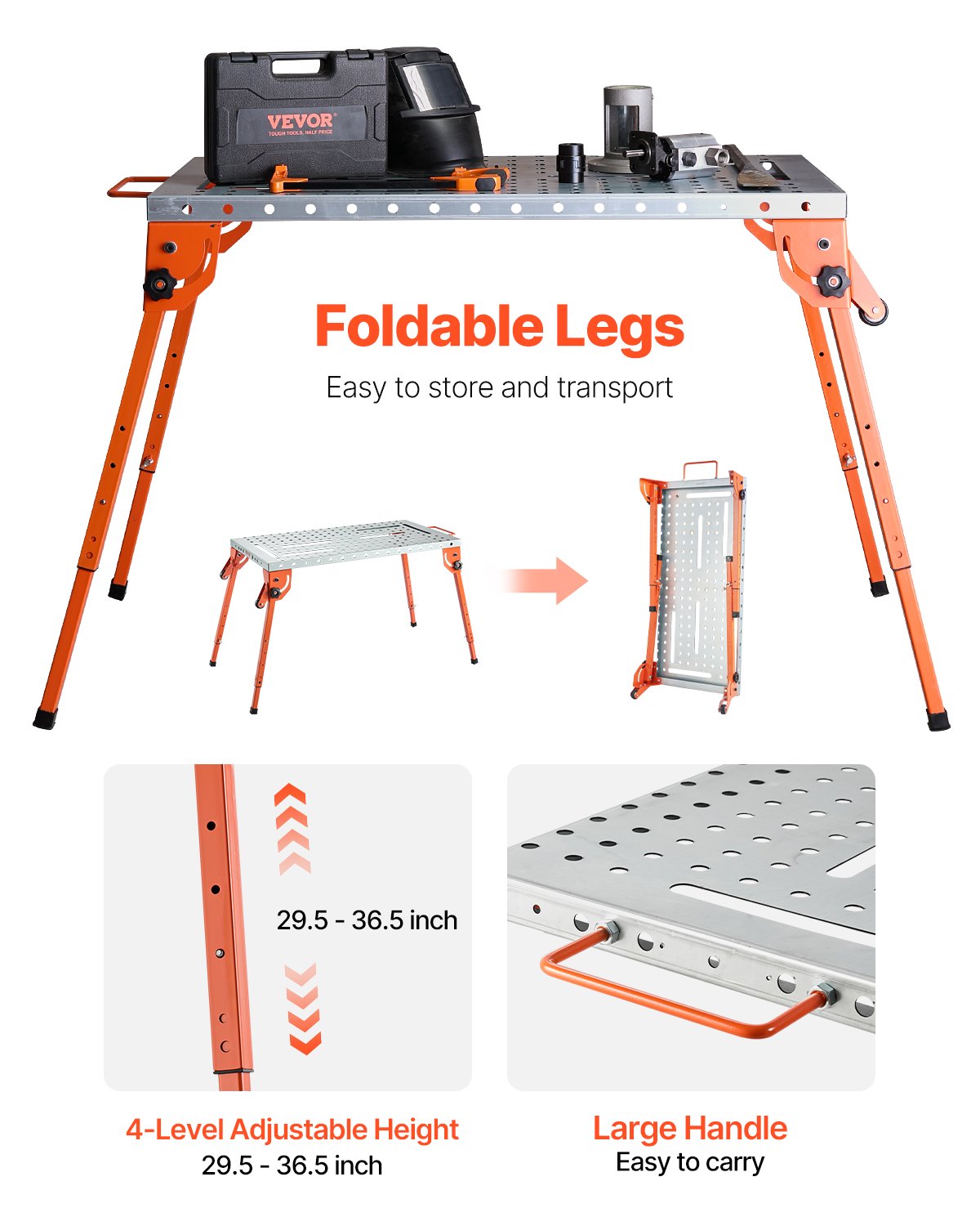 Welding Table 44" x 21" 500LBS Folding Workbench with 4-Level Adjustable Height