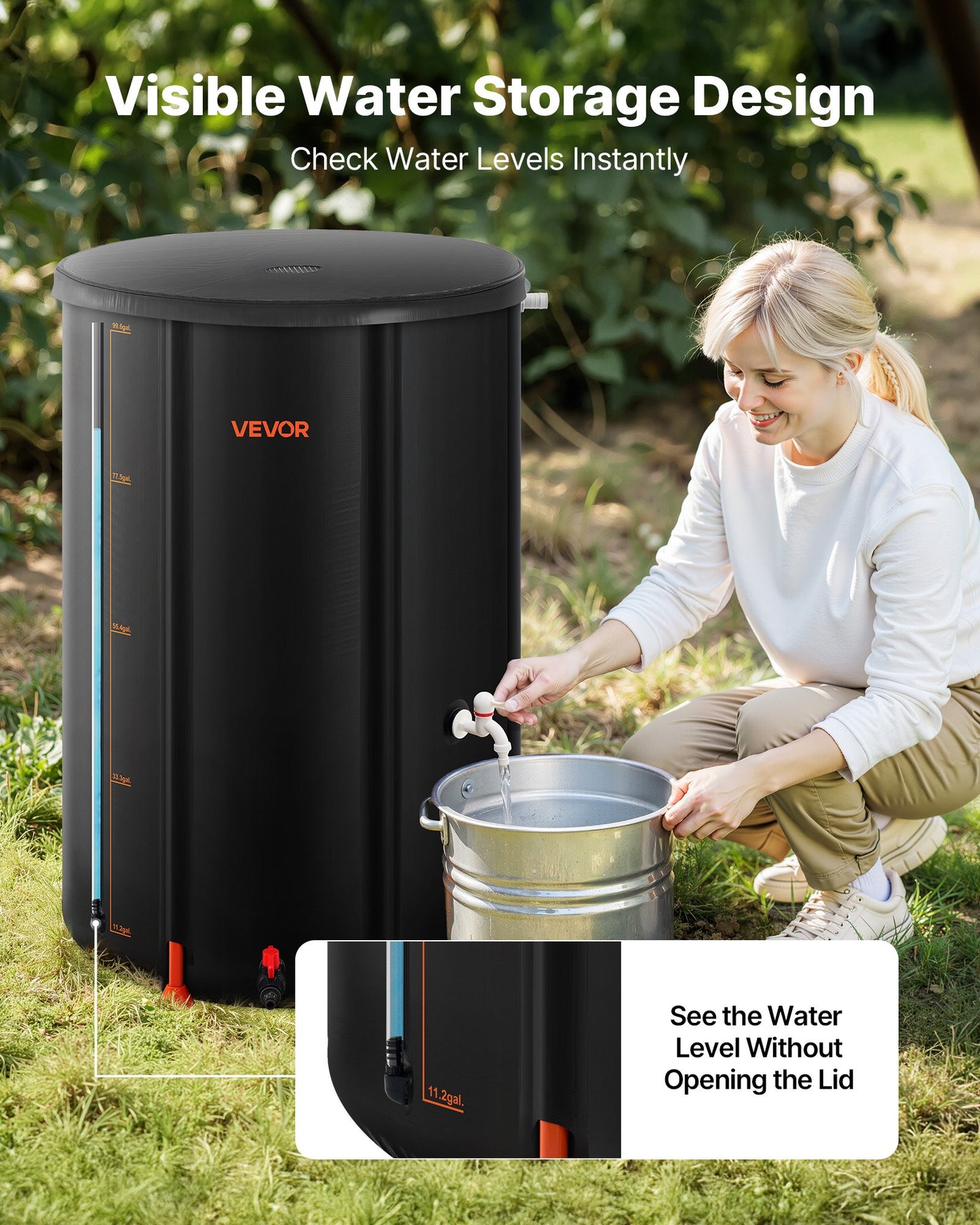 Collapsible Rain Barrel, 380 L Portable Rain Water Collection Barrel, 1000D PVC Rainwater Collection System, Garden Water Catcher Tank Storage Container with Spigot & Overflow Kit, Black