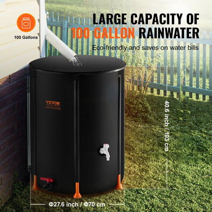 Collapsible 380L Rain Barrel with Spigots & Overflow Kit, Durable 1000D PVC