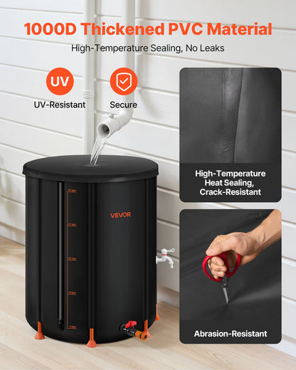 Collapsible Rain Barrel, 201 L Portable Rain Water Collection Barrel, 1000D PVC Rainwater Collection System, Garden Water Catcher Tank Storage Container with Spigot & Overflow Kit, Black