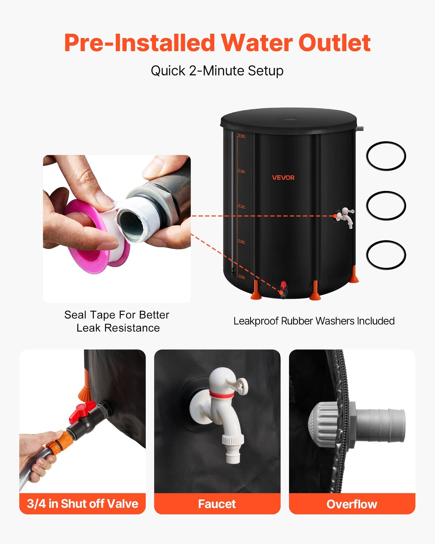 Collapsible Rain Barrel, 201 L Portable Rain Water Collection Barrel, 1000D PVC Rainwater Collection System, Garden Water Catcher Tank Storage Container with Spigot & Overflow Kit, Black
