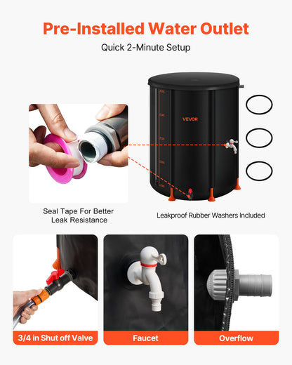 Collapsible Rain Barrel, 201 L Portable Rain Water Collection Barrel, 1000D PVC Rainwater Collection System, Garden Water Catcher Tank Storage Container with Spigot & Overflow Kit, Black