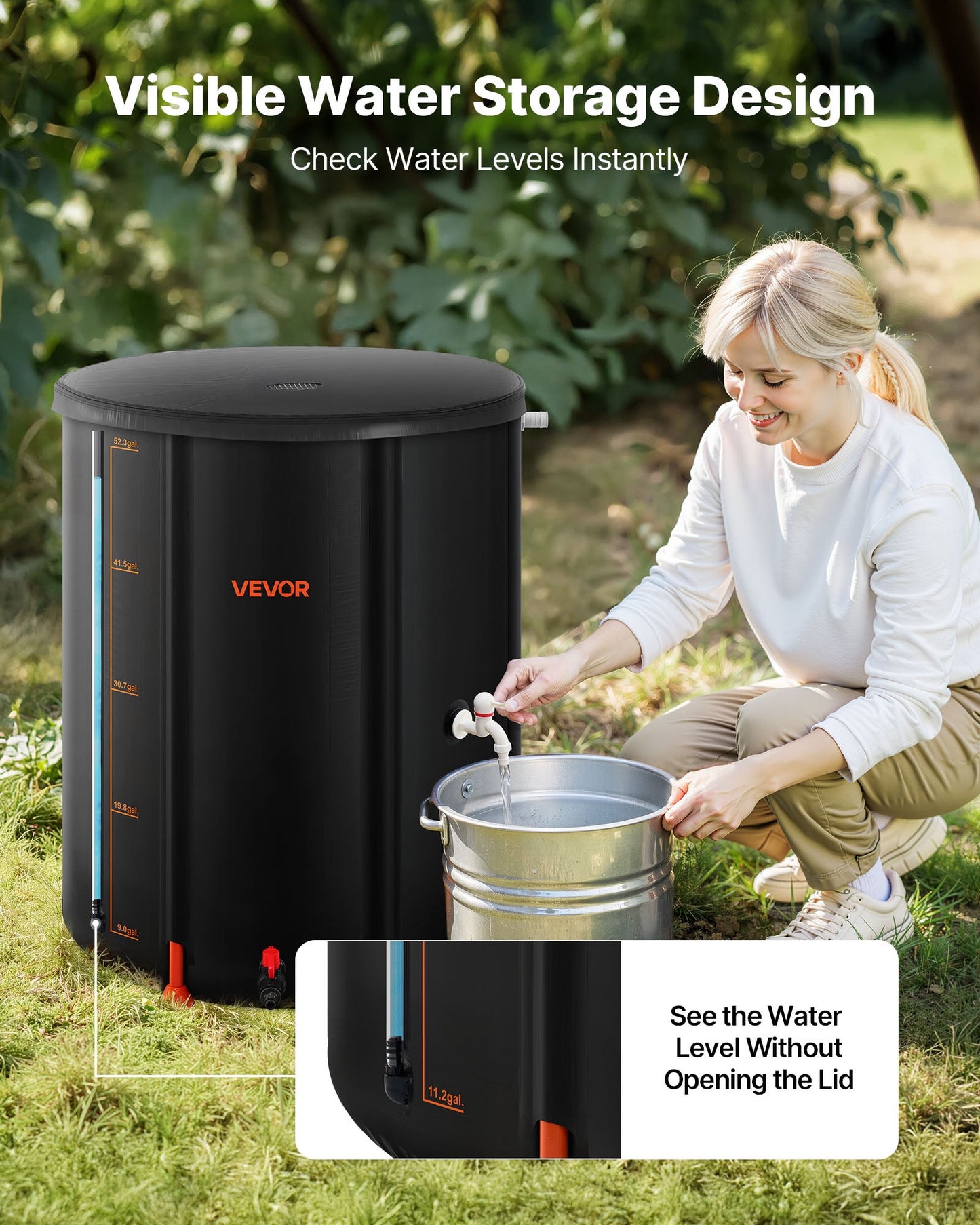 Collapsible Rain Barrel, 201 L Portable Rain Water Collection Barrel, 1000D PVC Rainwater Collection System, Garden Water Catcher Tank Storage Container with Spigot & Overflow Kit, Black