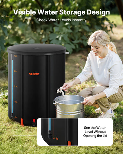 Collapsible Rain Barrel, 201 L Portable Rain Water Collection Barrel, 1000D PVC Rainwater Collection System, Garden Water Catcher Tank Storage Container with Spigot & Overflow Kit, Black