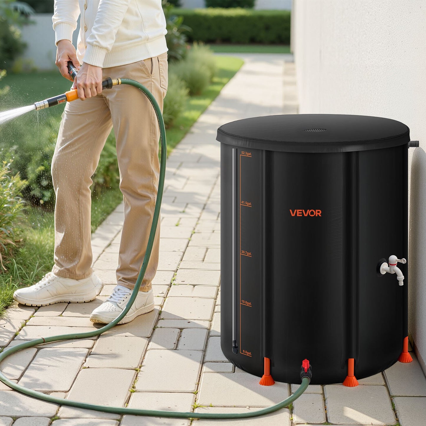 Collapsible Rain Barrel, 201 L Portable Rain Water Collection Barrel, 1000D PVC Rainwater Collection System, Garden Water Catcher Tank Storage Container with Spigot & Overflow Kit, Black
