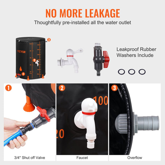 Collapsible 100 Gallon PVC Rainwater Collection System with Overflow Kit, Black