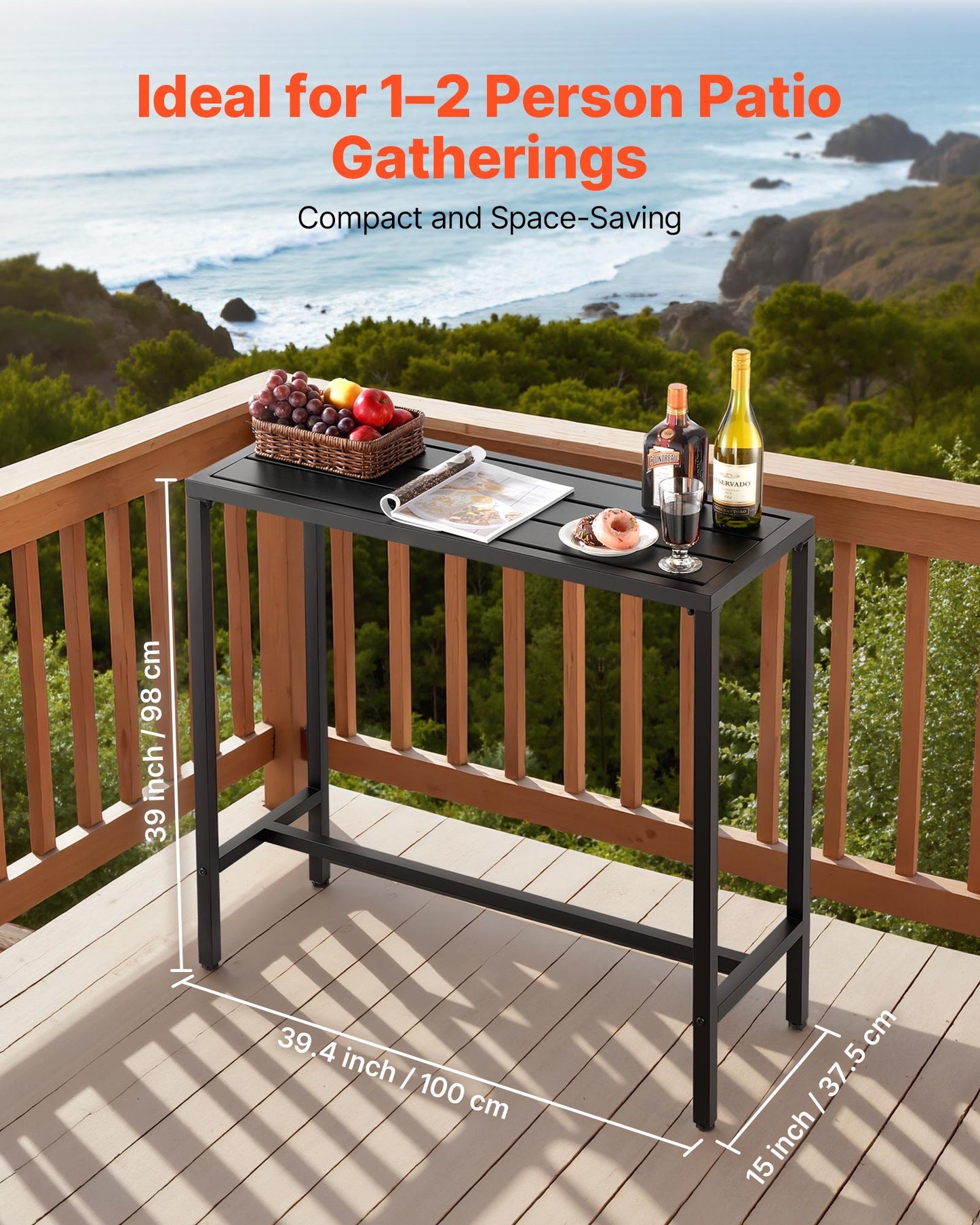 Outdoor Bar Table, 100 x 37.5 cm Patio Bar Table, Waterproof Top & Sturdy Metal Frame, Rectangle Counter Height Dining Tables, Outdoor Furniture for Balcony, Yard, Hot Tub, Poolside, Indoor