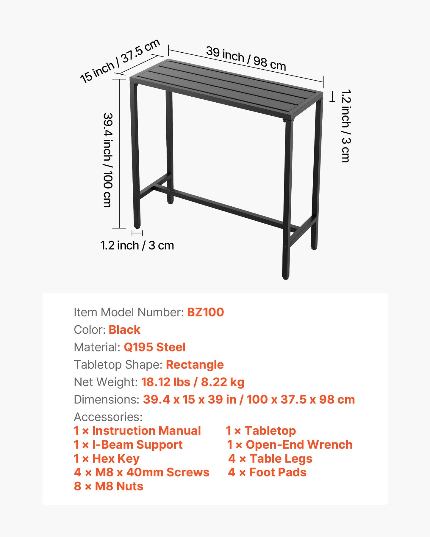 Outdoor Bar Table, 100 x 37.5 cm Patio Bar Table, Waterproof Top & Sturdy Metal Frame, Rectangle Counter Height Dining Tables, Outdoor Furniture for Balcony, Yard, Hot Tub, Poolside, Indoor