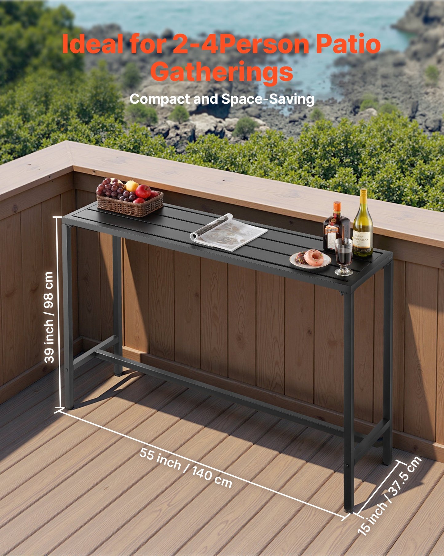 Outdoor Bar Table, 140 x 37.5 cm Patio Bar Table, Waterproof Top & Sturdy Metal Frame, Rectangle Counter Height Dining Tables, Outdoor Furniture for Balcony, Yard, Hot Tub, Poolside, Indoor