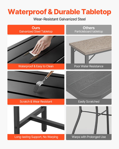 Outdoor Bar Table, 140 x 37.5 cm Patio Bar Table, Waterproof Top & Sturdy Metal Frame, Rectangle Counter Height Dining Tables, Outdoor Furniture for Balcony, Yard, Hot Tub, Poolside, Indoor
