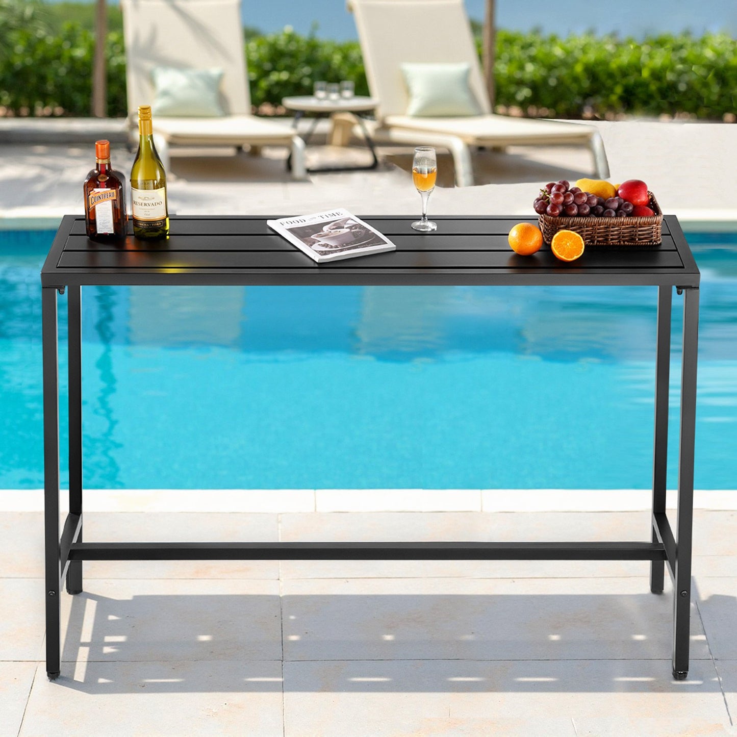 Outdoor Bar Table, 140 x 37.5 cm Patio Bar Table, Waterproof Top & Sturdy Metal Frame, Rectangle Counter Height Dining Tables, Outdoor Furniture for Balcony, Yard, Hot Tub, Poolside, Indoor